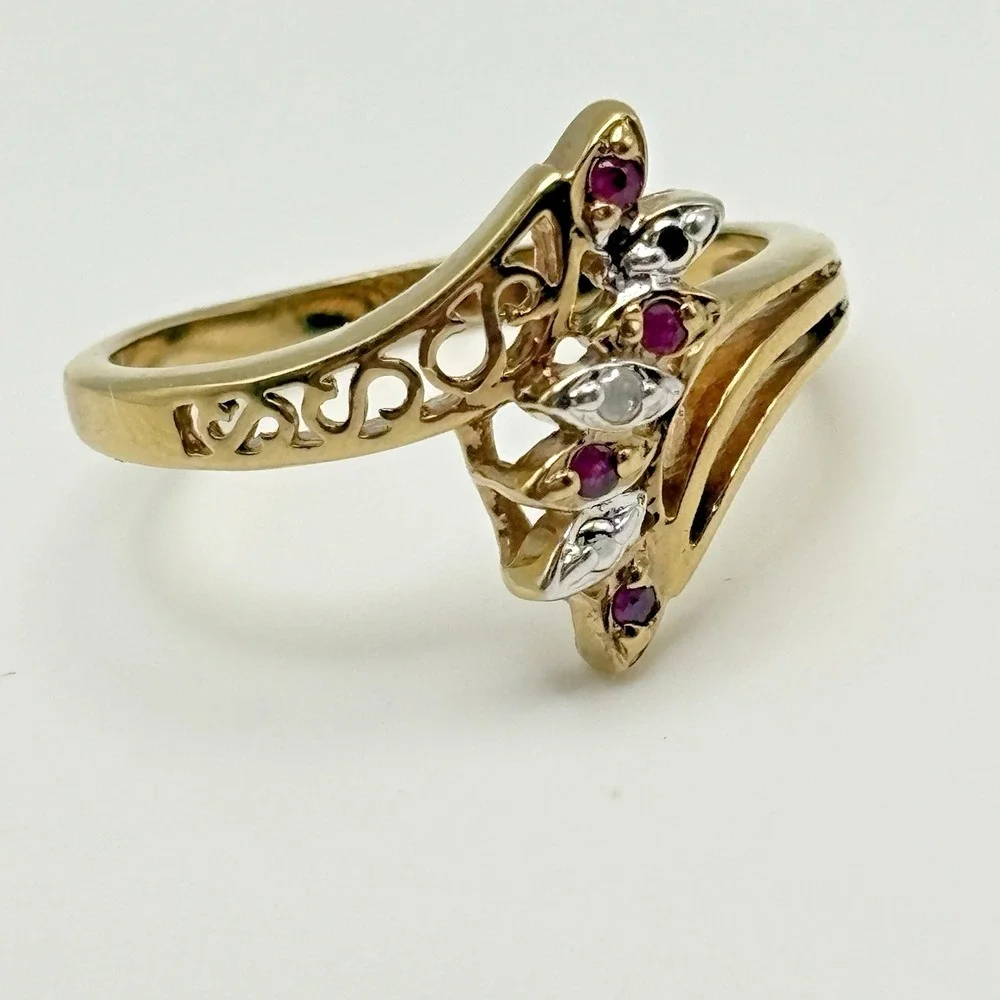 Vintage Ruby and Diamond Ring Gold Plated Size 10 Retro Cocktail Prom
